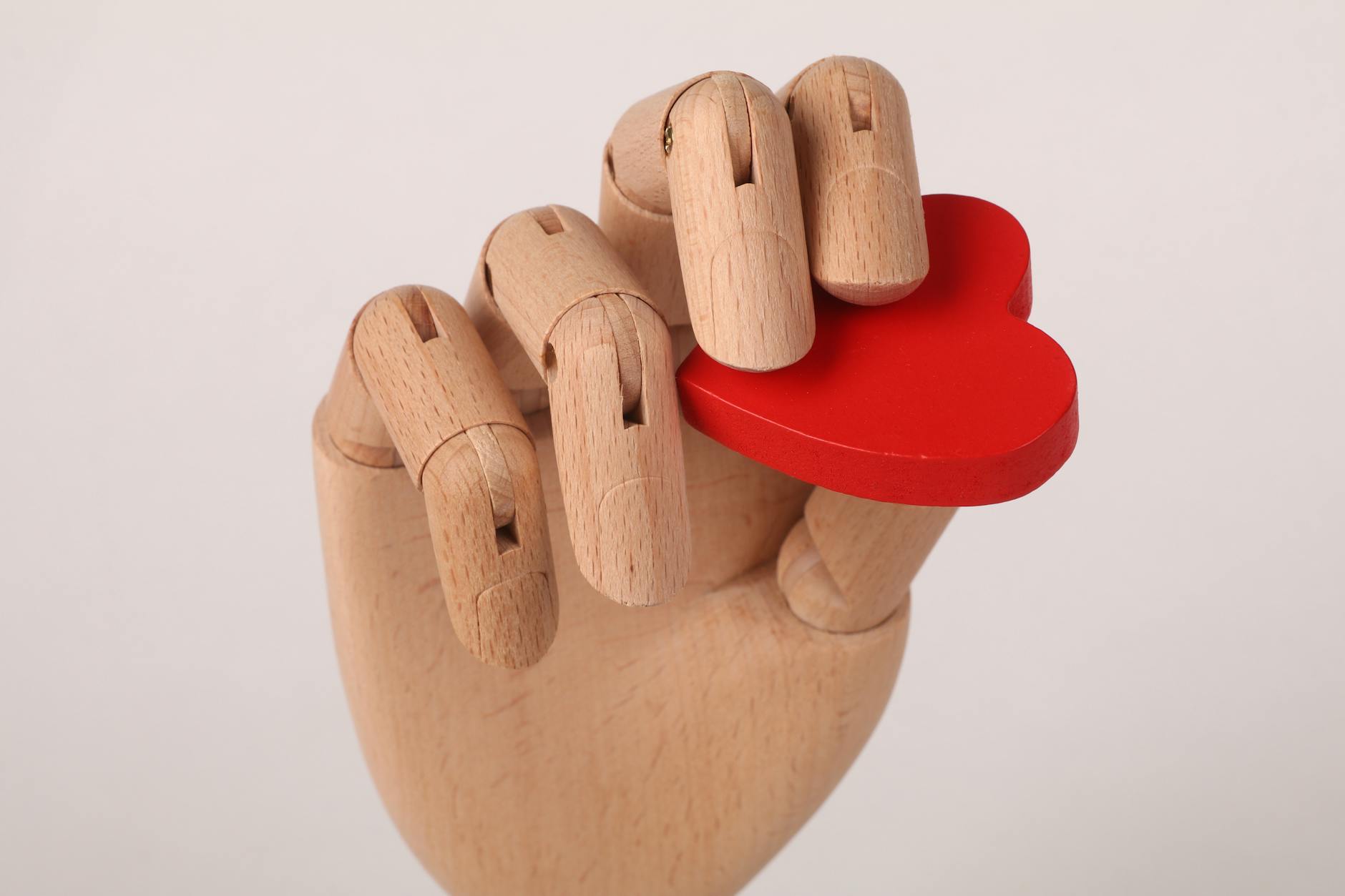 wooden hand holding red heart concept art